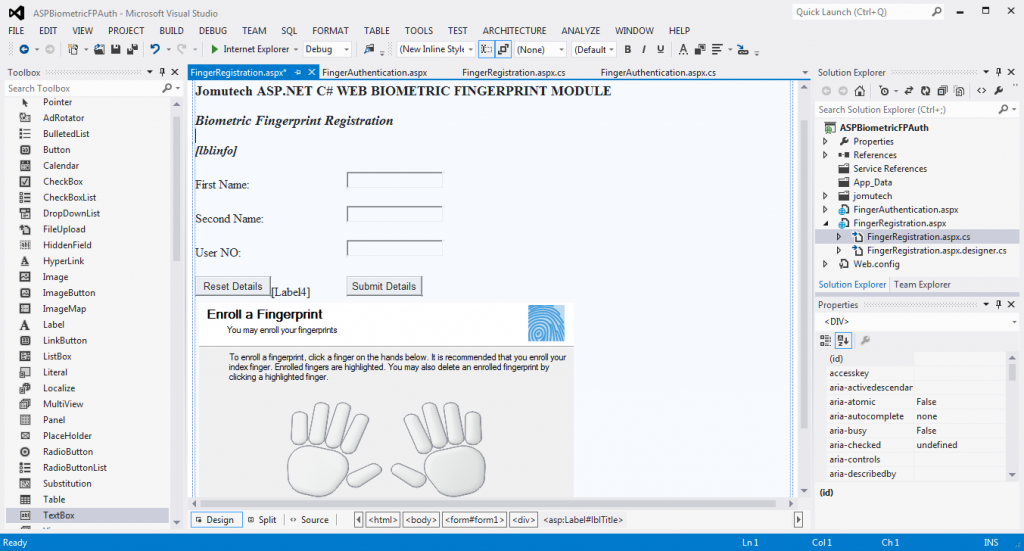 ASPNET Web Biometrics Fingerprint Registration GUI Design in Visual Studio