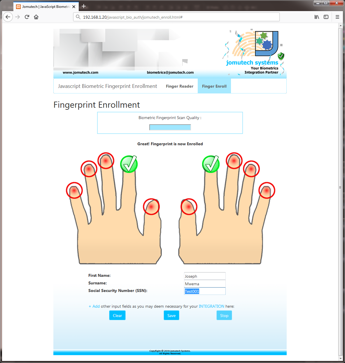 JavaScript Biometric Fingerprint Enrollment page showing two(2) Enrolled Fingerprnts