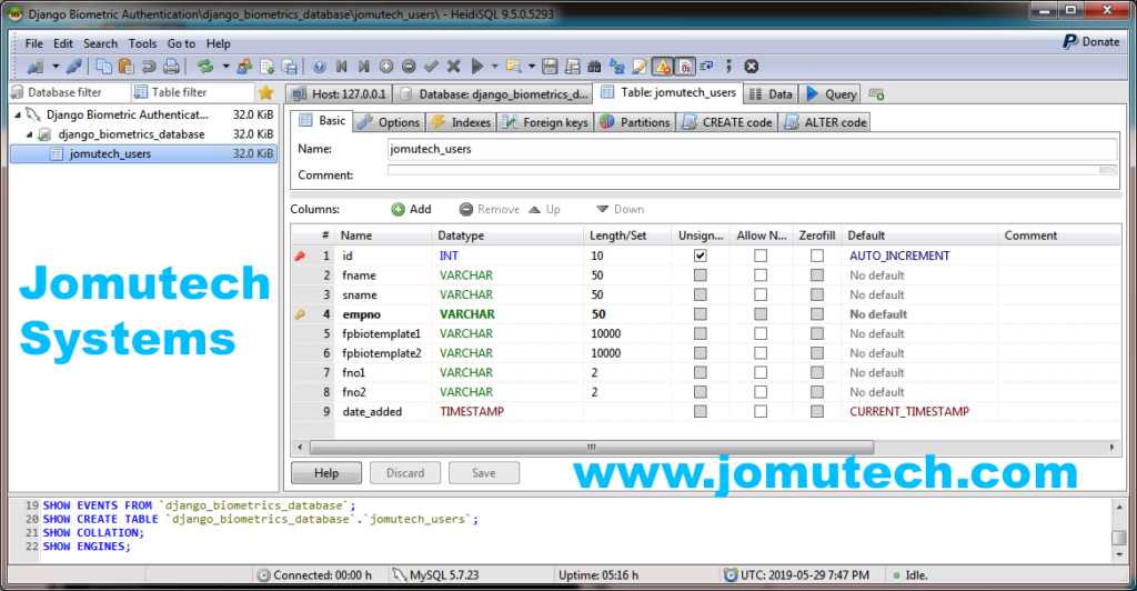 Python Django Biometric Authentication Database and jomutech_users SQL Table