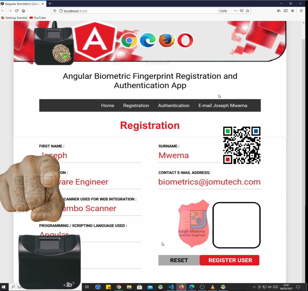 Capturing Fingerprint on a Columbo Biometric Fingerprint Scanner in Windows on my Angular Biometric Integration DEMO App