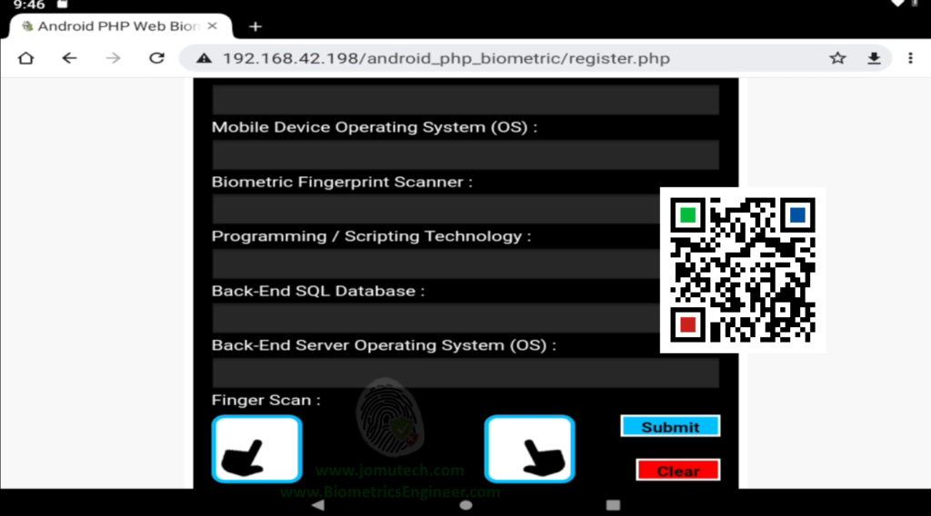 Biometric Registration Page of our Android PHP Web Biometric Integration showing bottom part for Finger Capture section