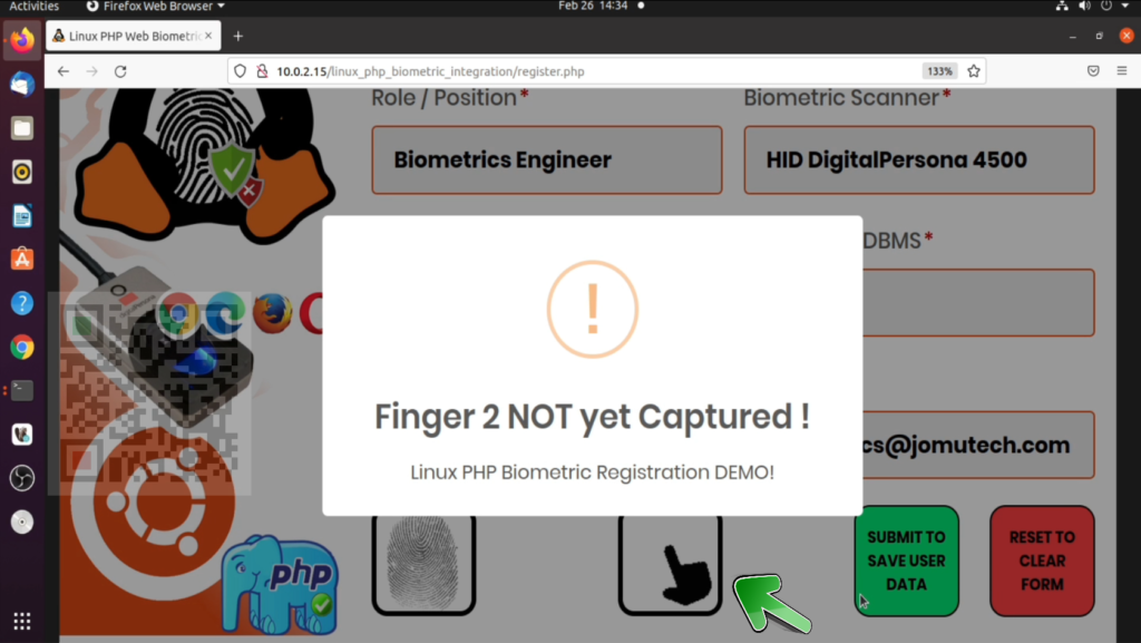 Notification ALERT that Finger 2 Biometric is NOT yet Captured for Registration
