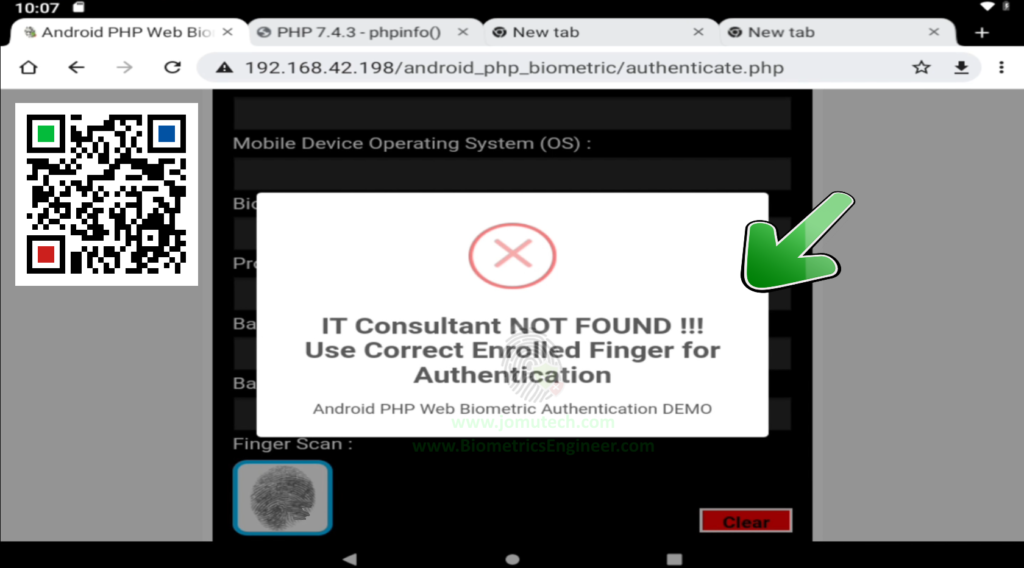 Notification Message for when there was a NO MATCH Result after a Successful Fingerprint Matching