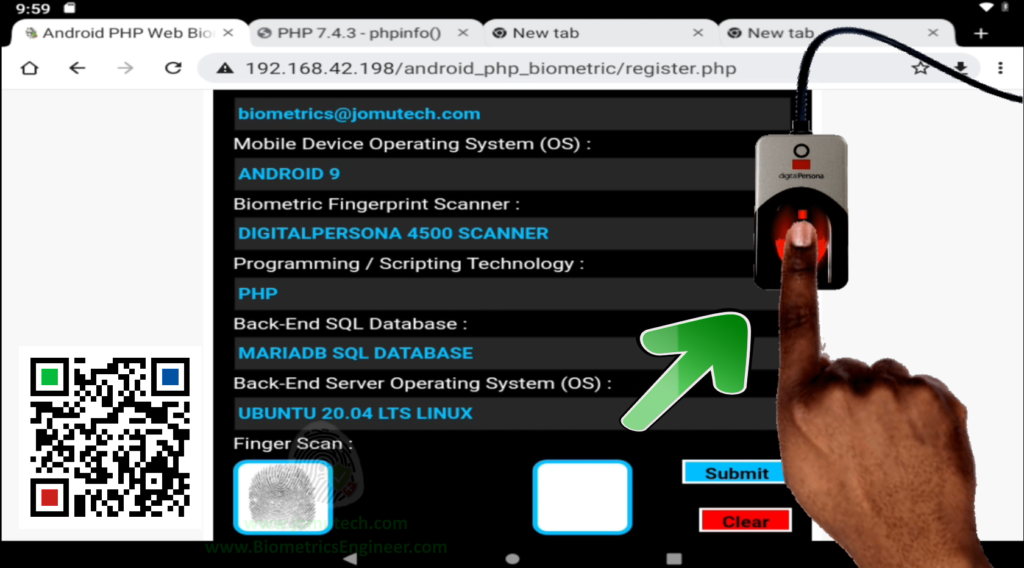 Right Index Finger Capture during User Registration in Android PHP Web Biometric Integration Project DEMO