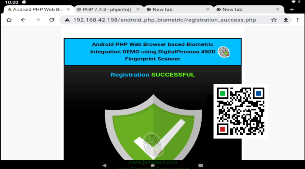 User Reigistration for Android PHP Web Biometric Enrollment is Successful